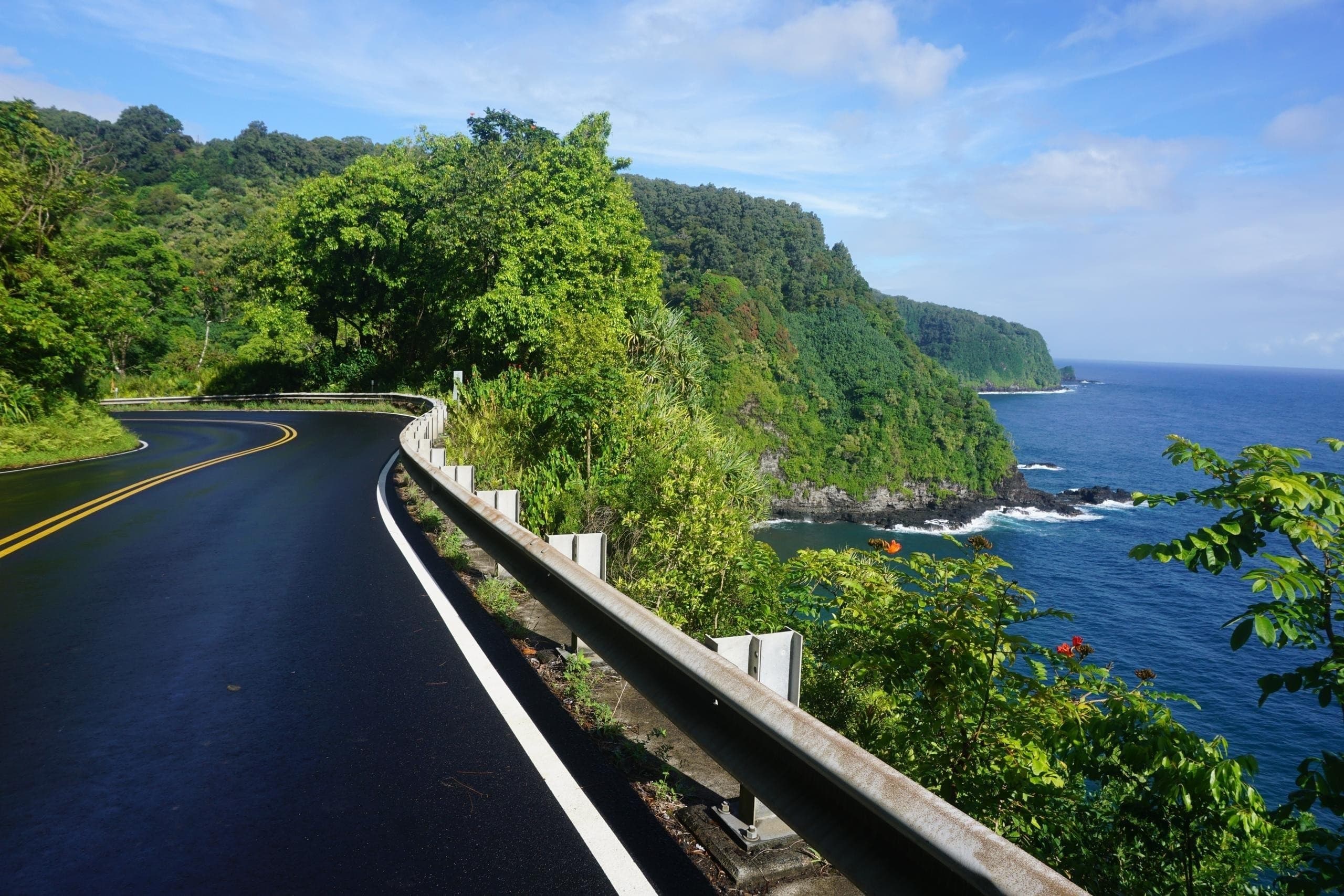 Scenic Hana Highway coastal drive with ocean cliff views
