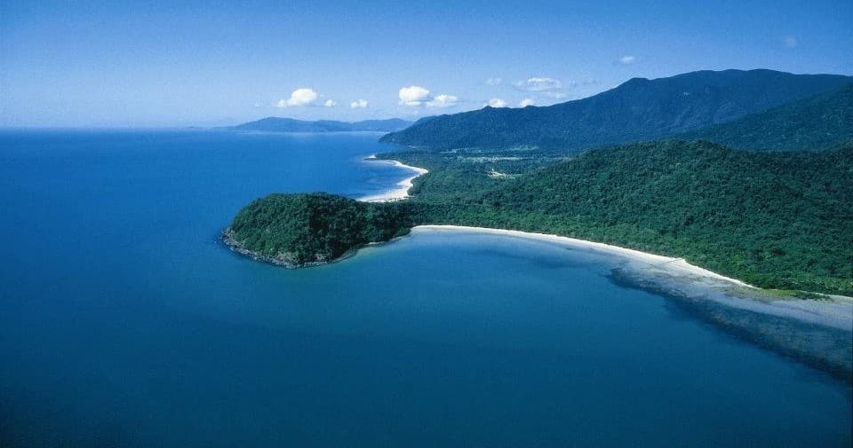 Aerial panorama of coastal bay and sandy beaches for seaside tours