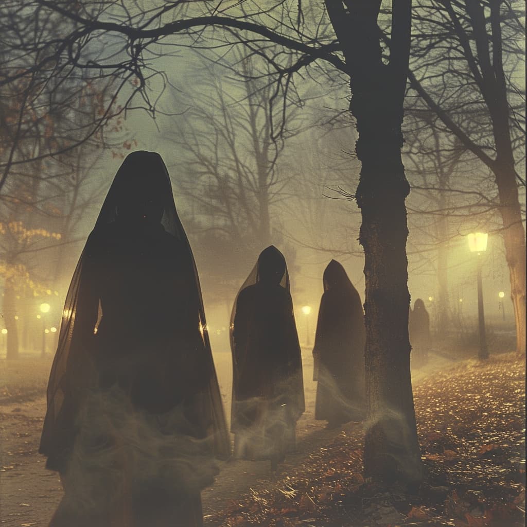 Group of cloaked figures walking through foggy urban park at night