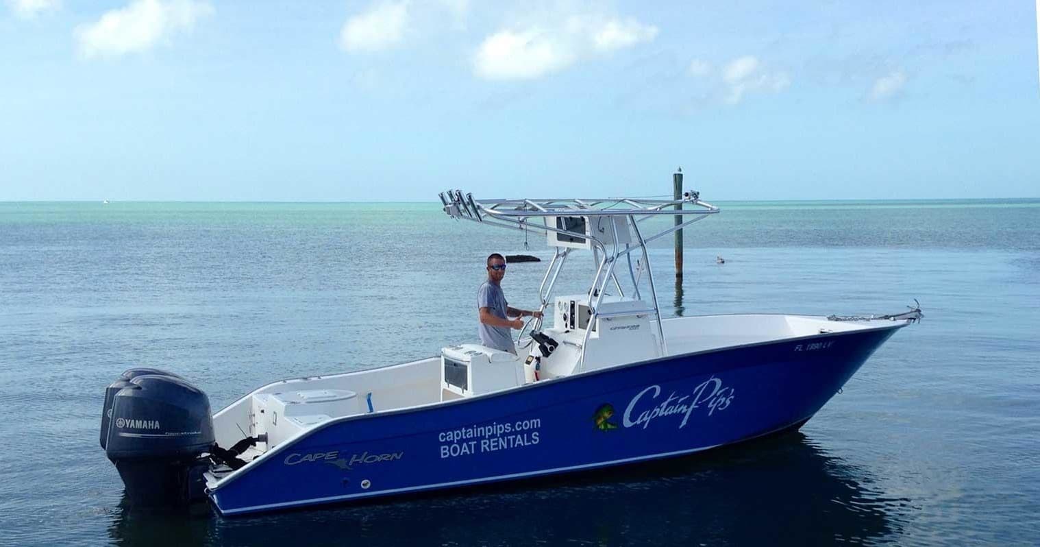 Blue rental boat on clear sea under blue sky, coastal outing