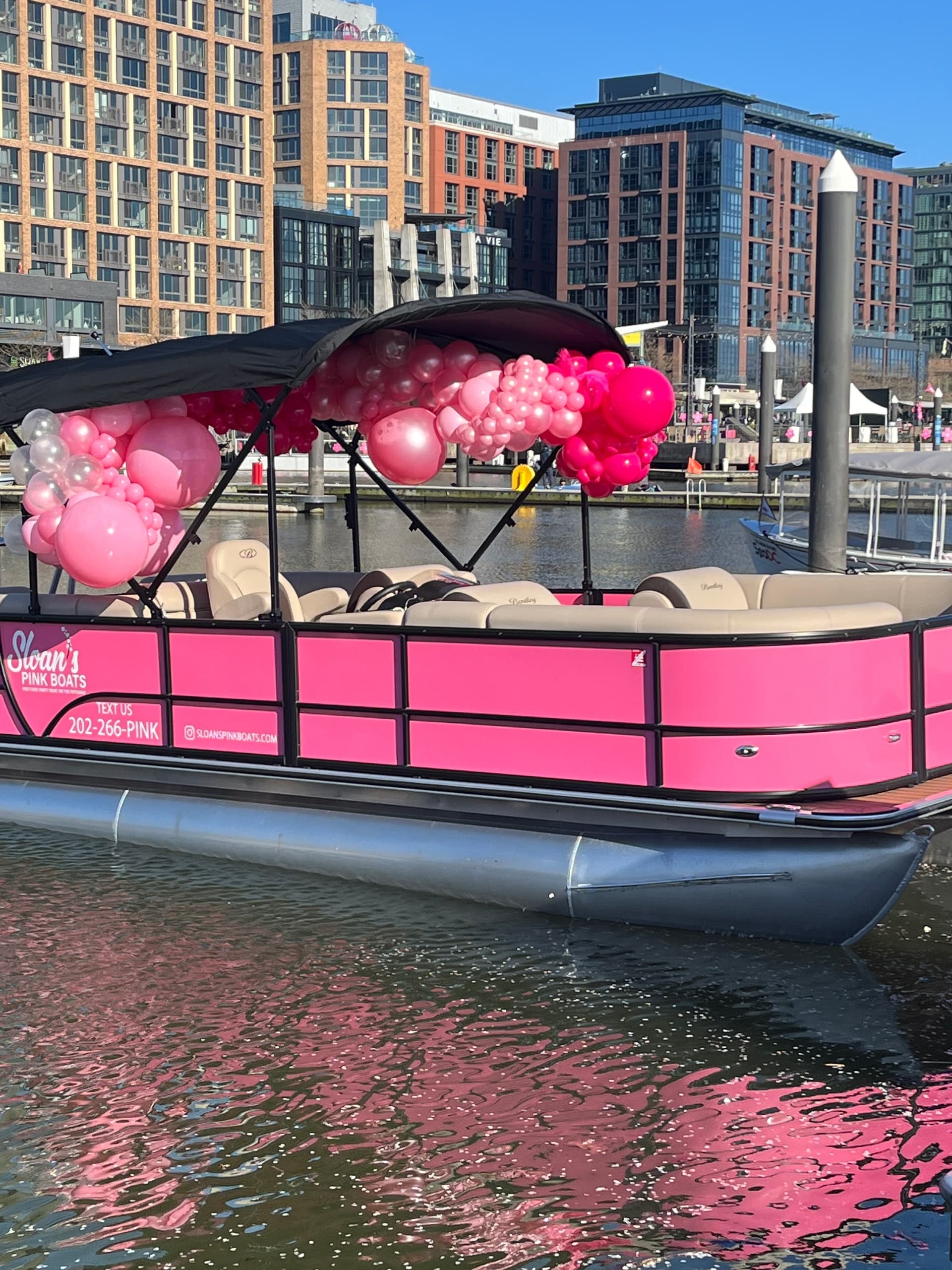 Pink pontoon boat decked with balloons on a city marina cruise