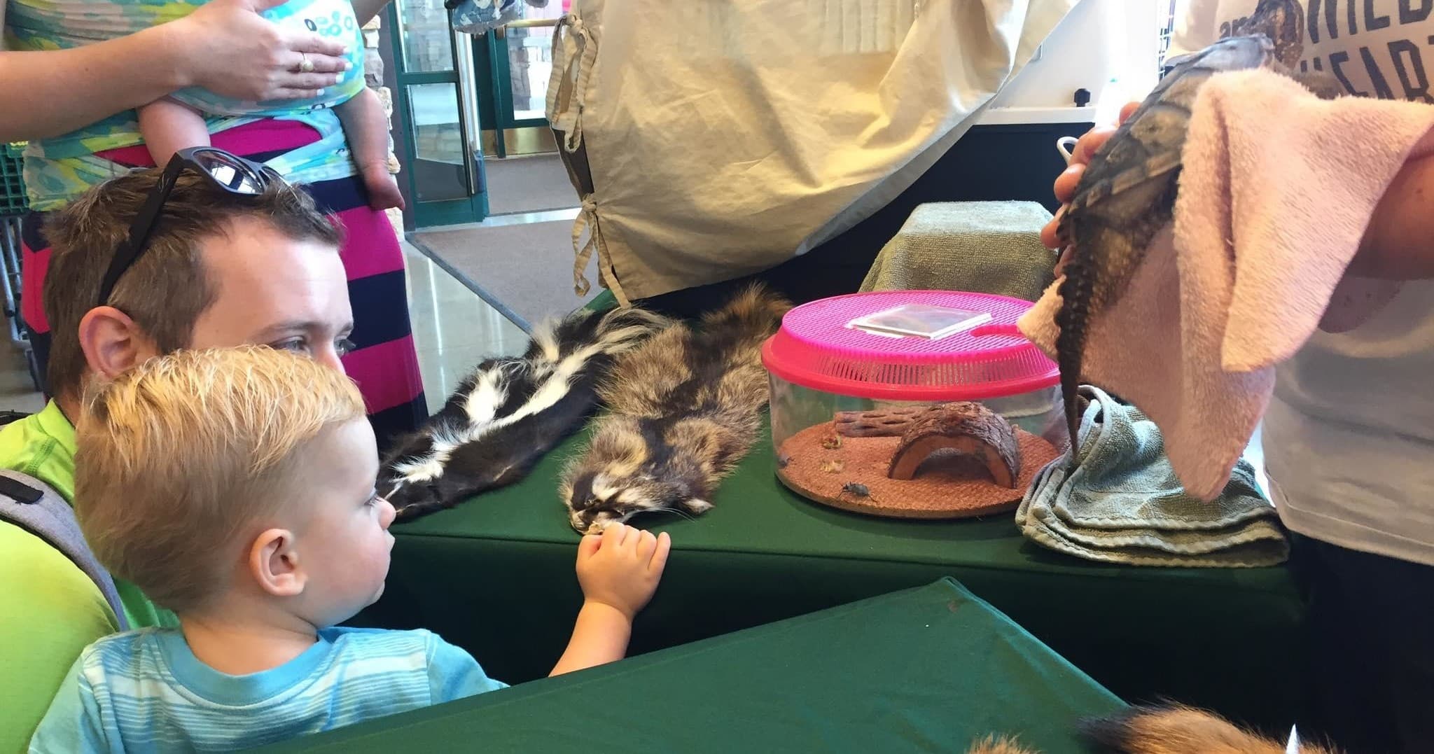 Child and parent interacting with small animal at indoor table