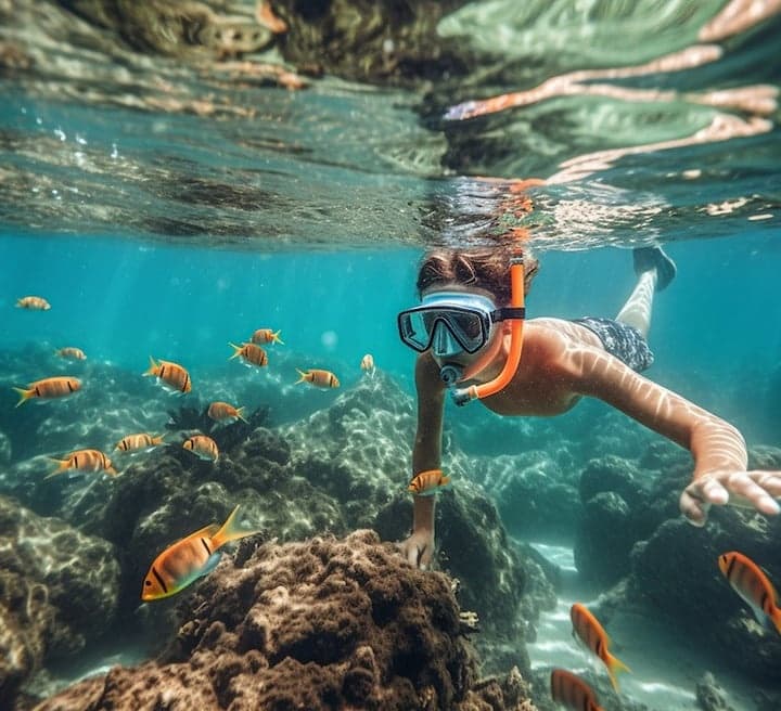 Snorkeler exploring vibrant coral reef with tropical fish
