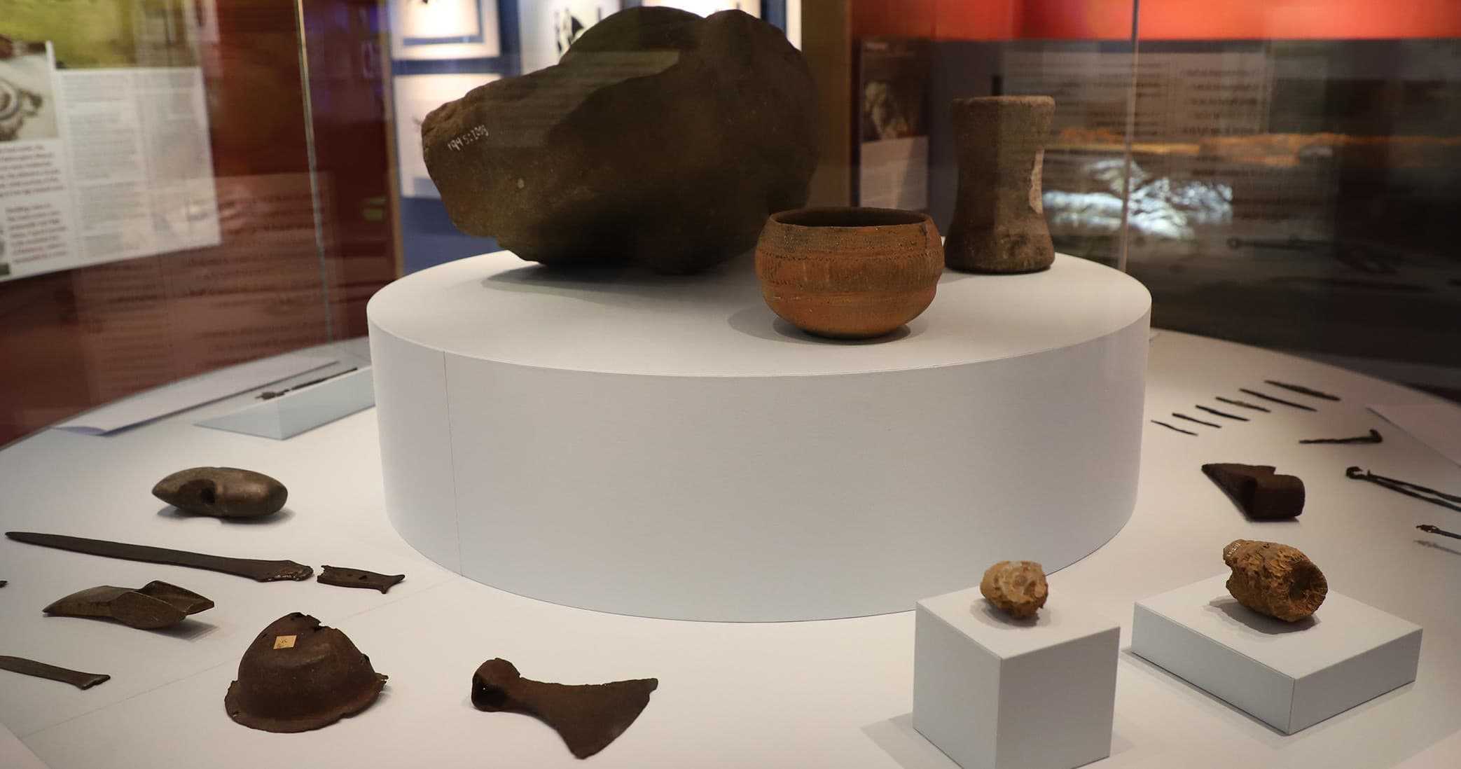 Ancient pottery and artifacts displayed in Rathcroghan visitor centre exhibit