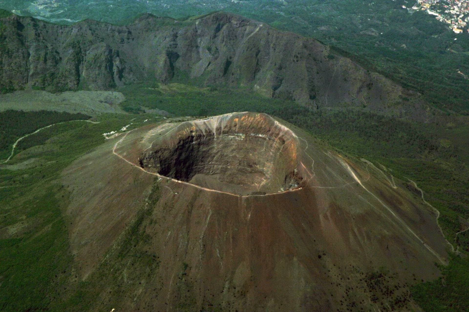 Aerial view of volcanic crater at Mt Vesuvius, dramatic volcanic rim