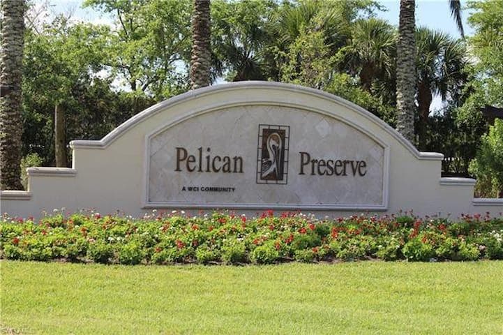 Wide community entrance with palms and scenic roadway in Florida