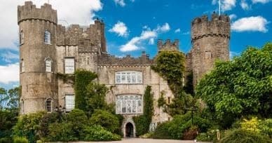 Historic Irish castle tour and grounds walk near lush greenery