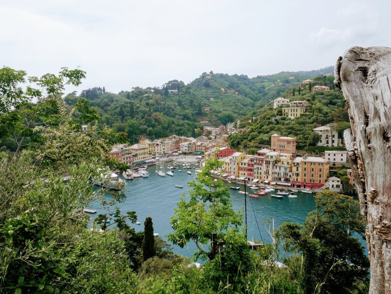 Aerial view of colorful harbor village and bay coastline