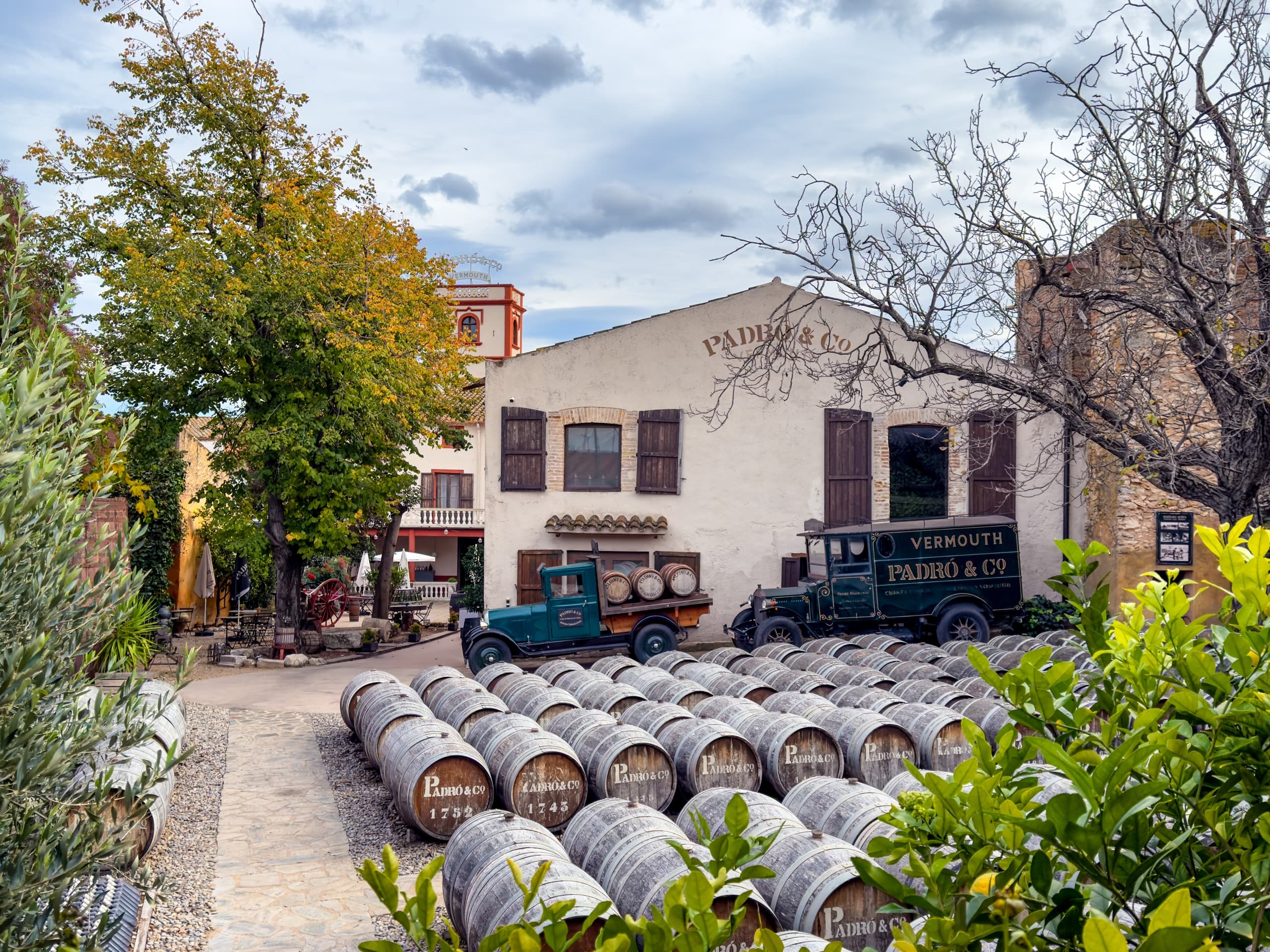 Vermouth Padro barrels lined outside historic building under trees