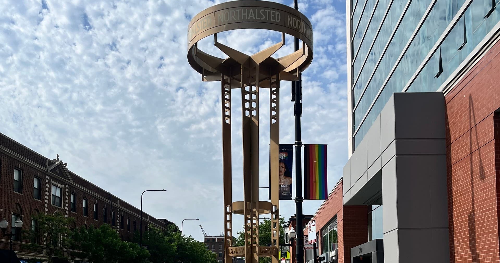 Guided walking tour past North Halsted landmark tower in Chicago