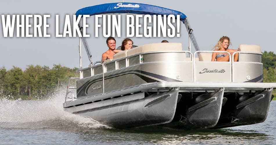 Family on pontoon boat speeding on lake, promotional banner