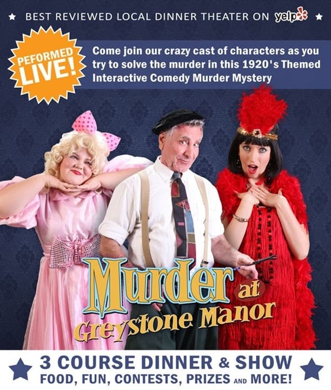 1920s themed murder mystery dinner show cast on stage poster