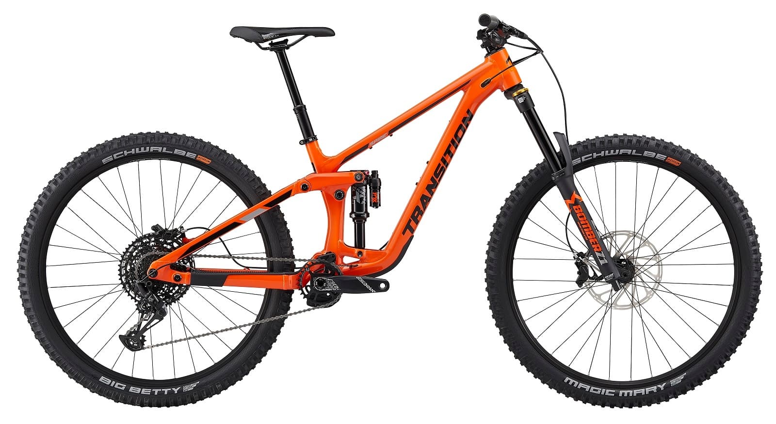 Orange full-suspension mountain bike on white studio backdrop