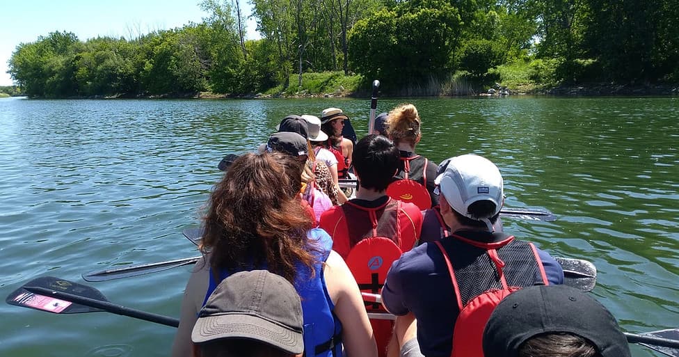 Dragon boat team paddling on river with participants in lifejackets