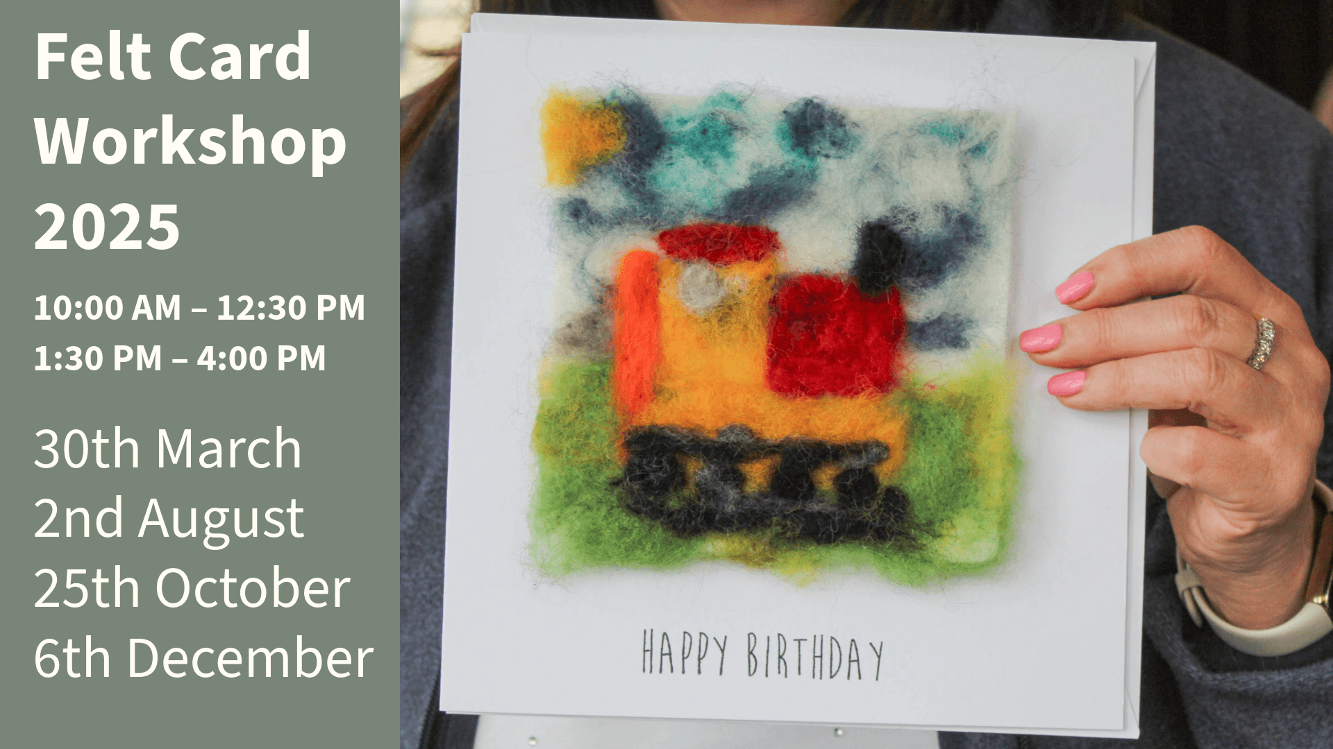 Felt card crafting workshop hand holding colorful birthday card