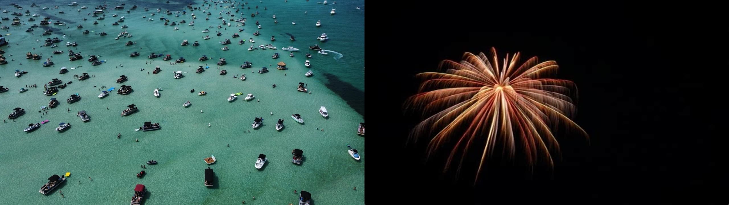 Coastal sandbar party boats and nighttime fireworks over water, celebration