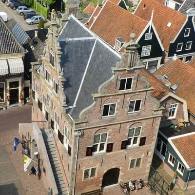Aerial view of historic Dutch rooftops and town square