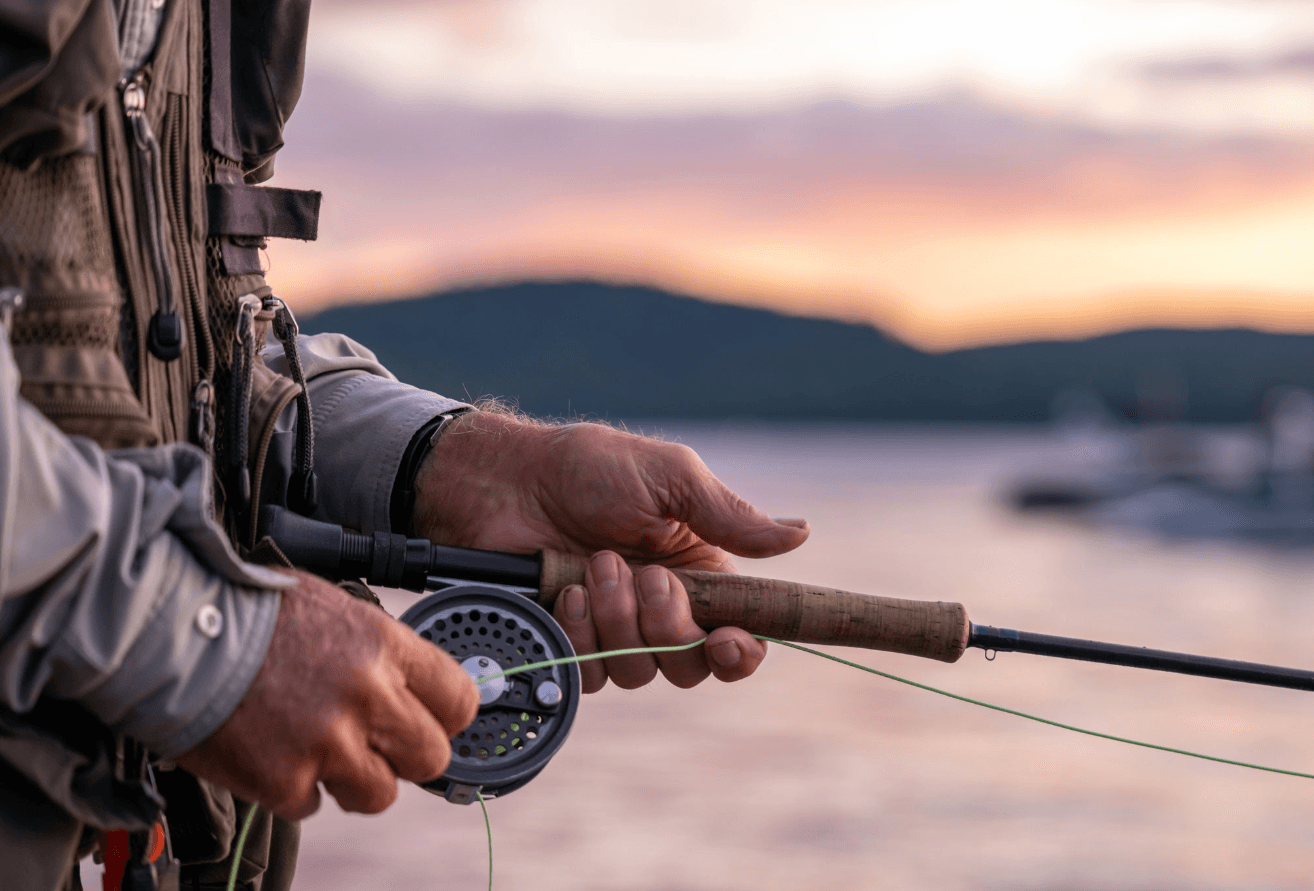 Angler casting fly rod at lakeshore during sunset