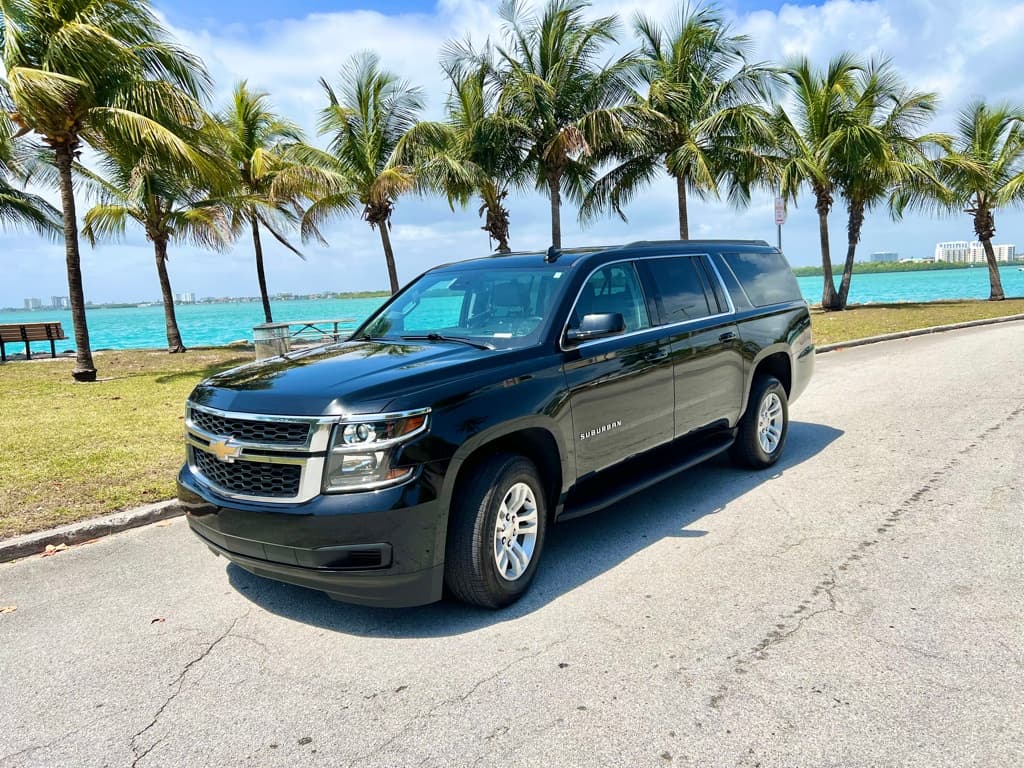 Black SUV parked along palm-lined Miami coastal road