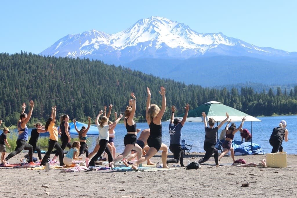 Morning Beach Yoga on Lake Siskiyou with Mount Shasta Views