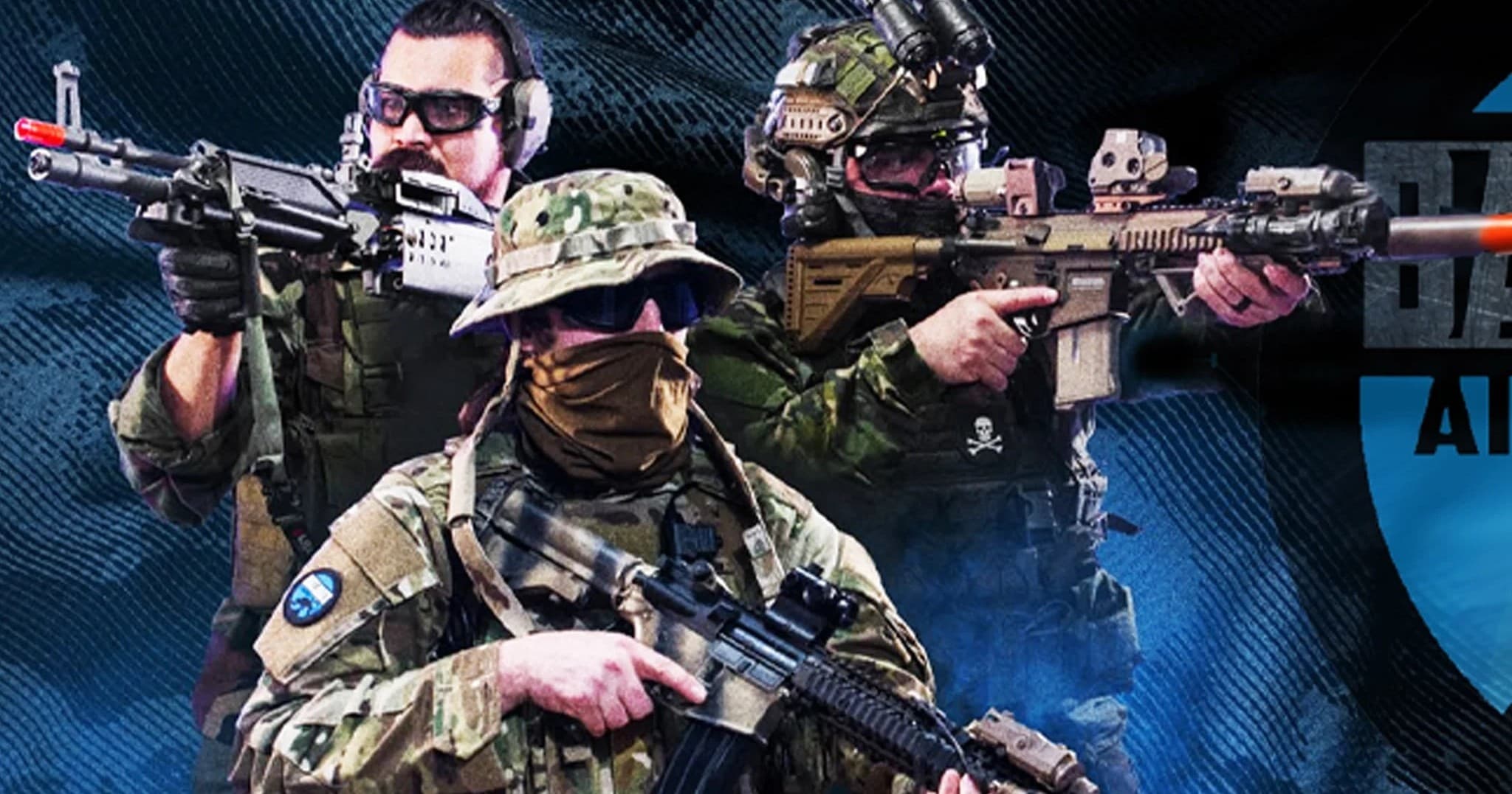 Team of airsoft players aiming rifles in tactical woodland scenario