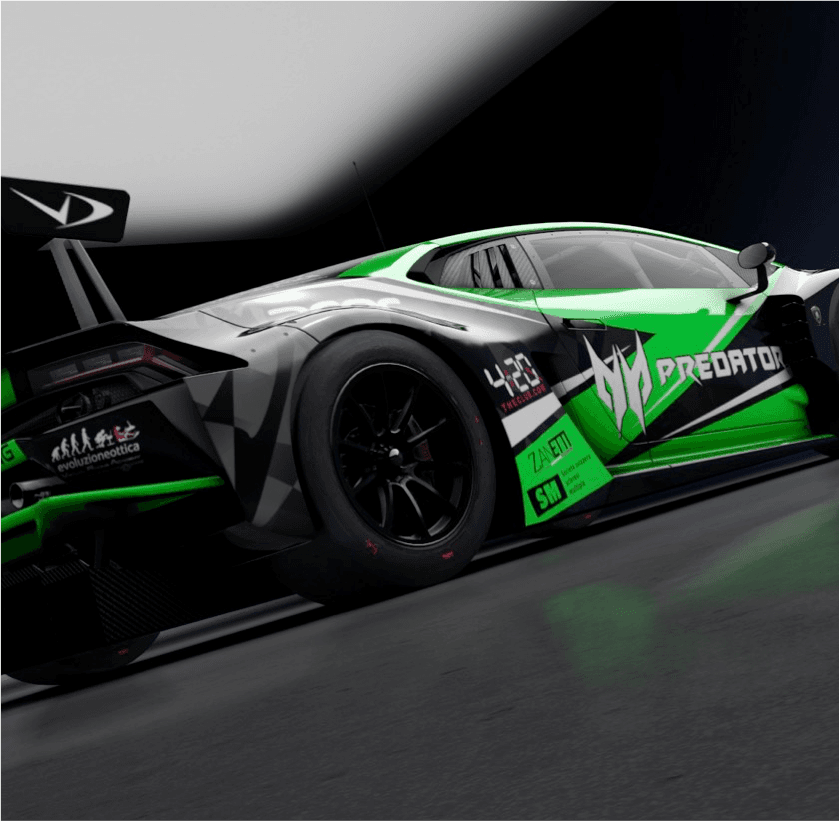 Close-up GT race car angled at racetrack for promotional shot
