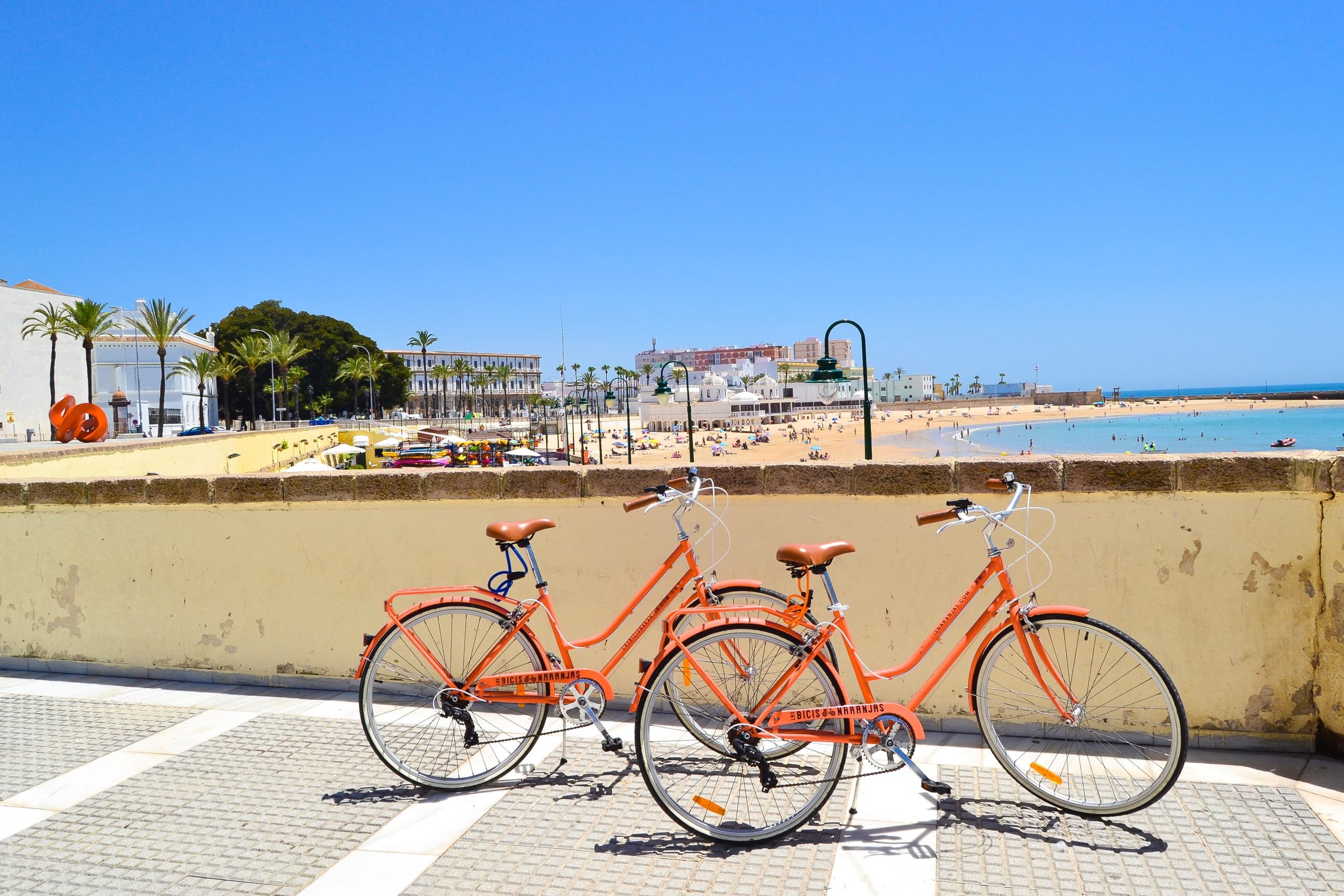 Two orange bikes on sunlit promenade with distant sandy beach scene