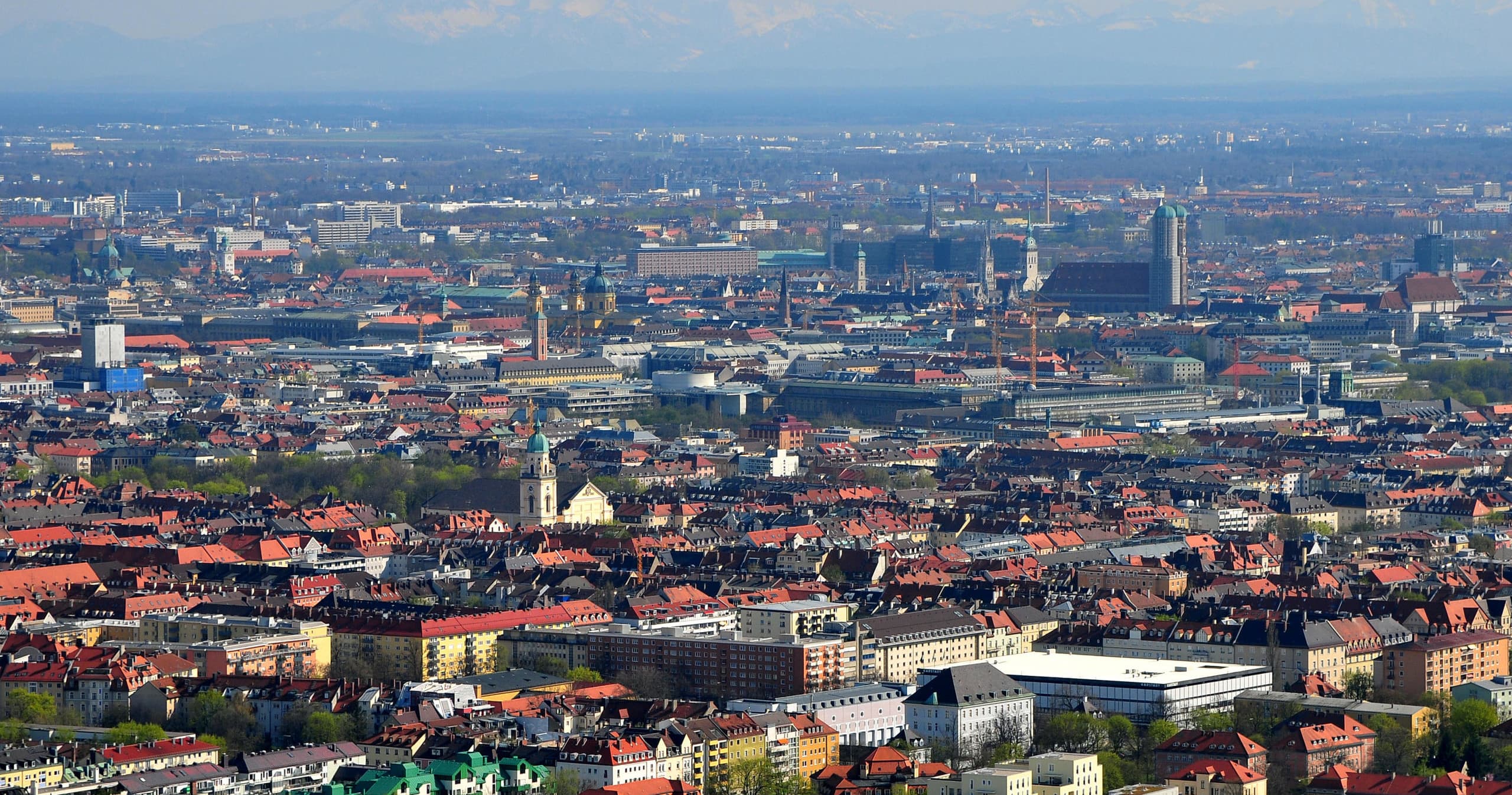 Aerial panoramic view of Munich skyline and city rooftops