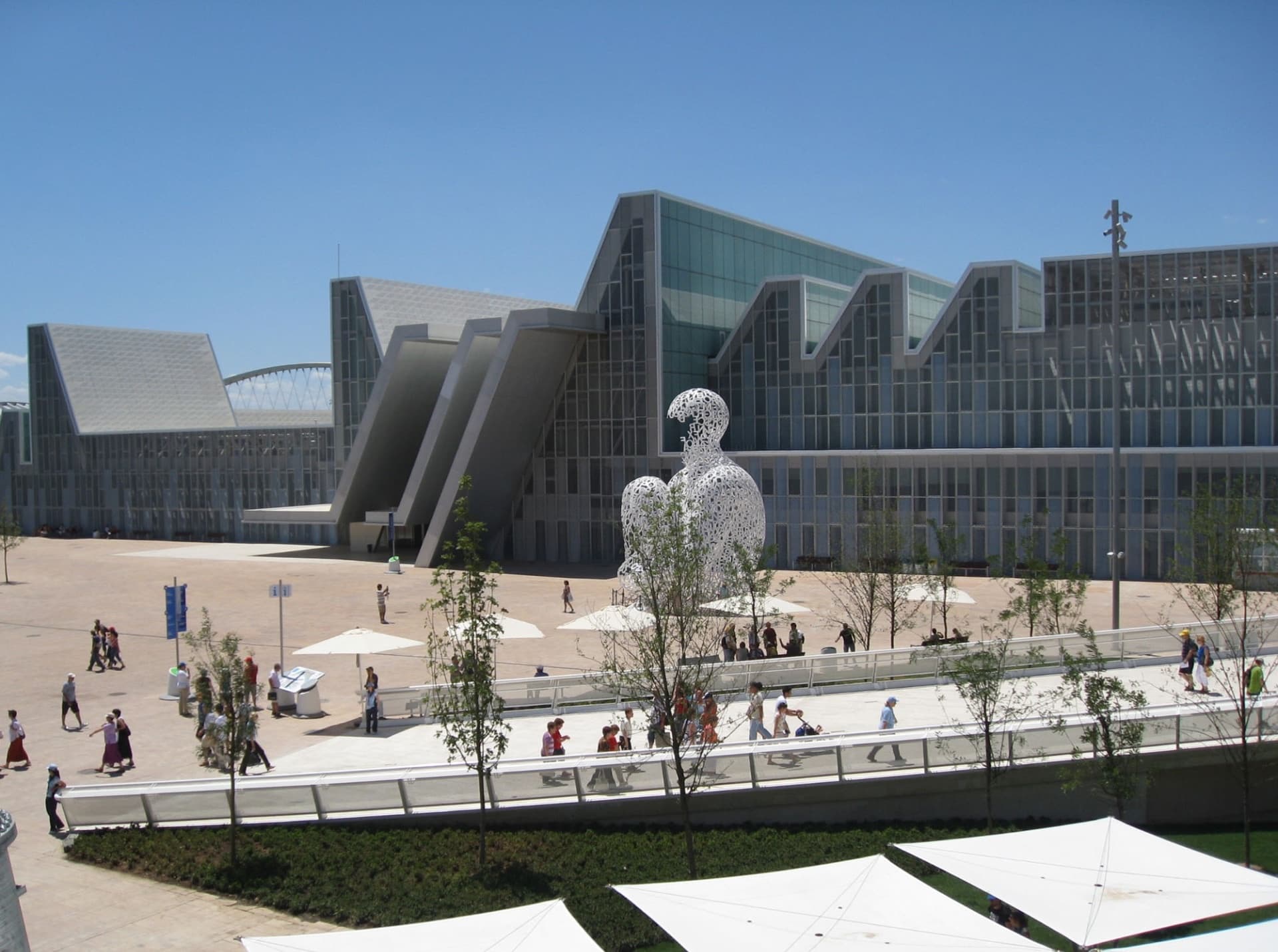 City plaza and modern architecture with outdoor sculpture in Zaragoza