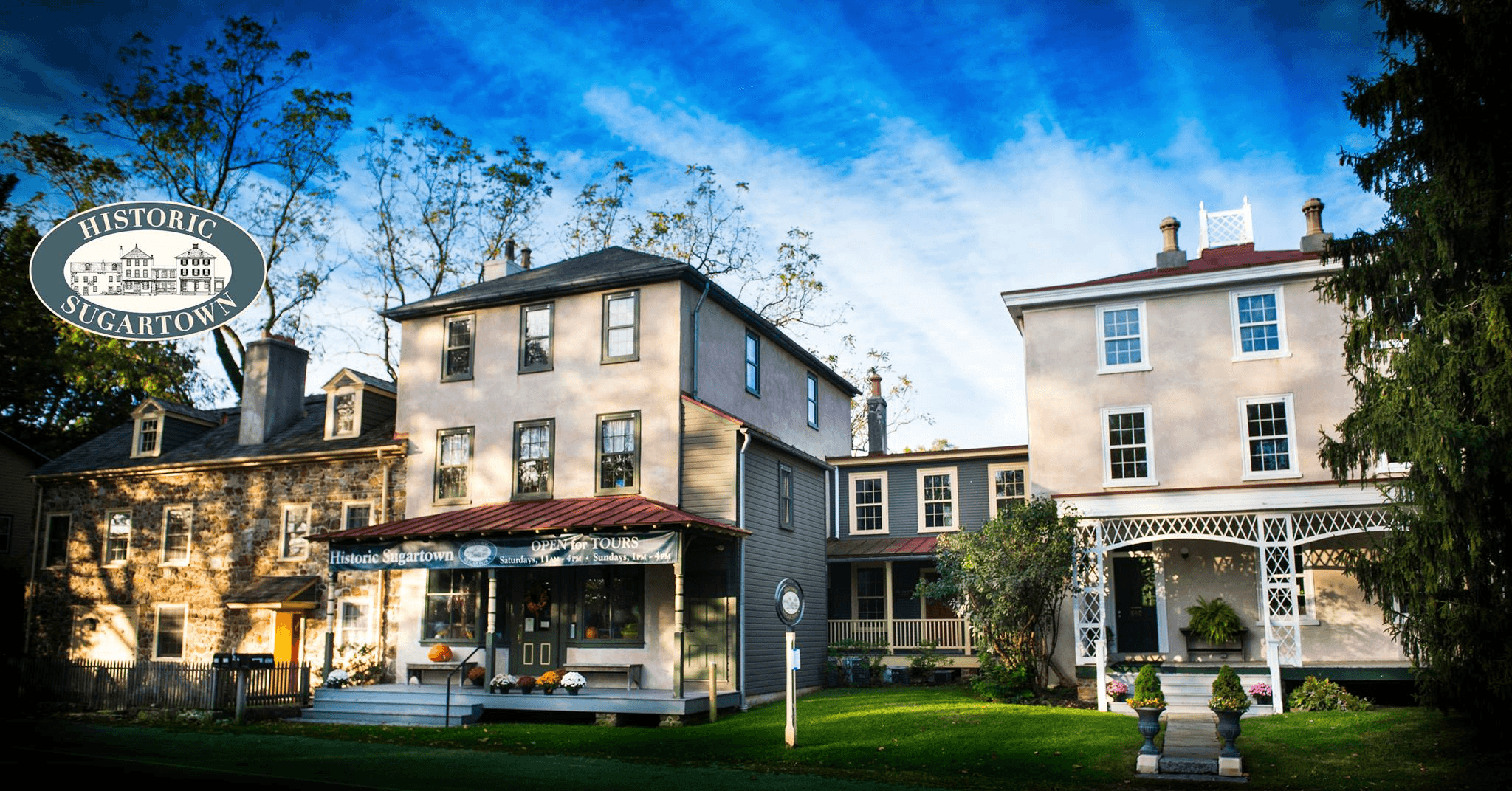 Historic Sugartown exterior panorama showing restored buildings and grounds