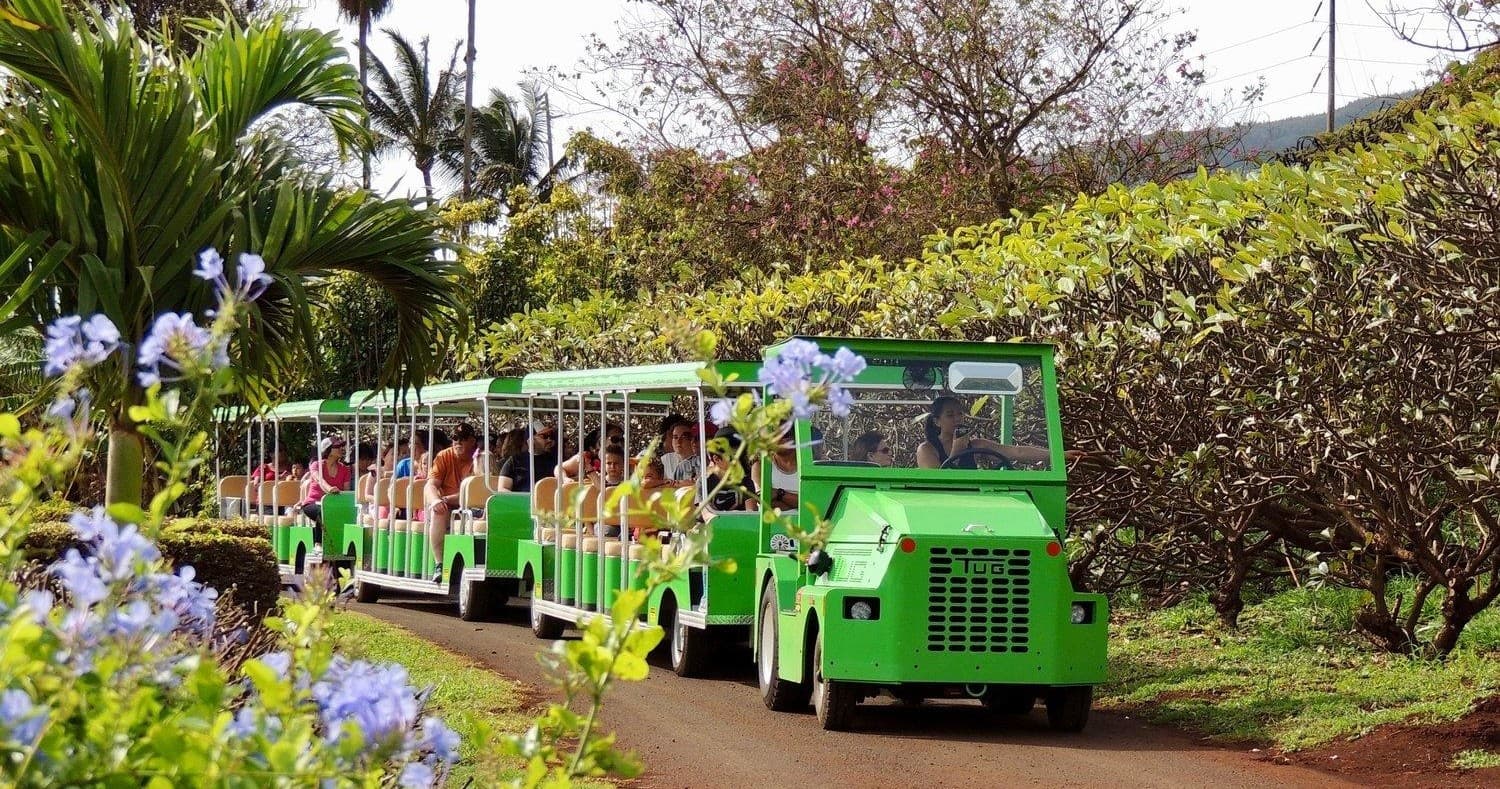 Open-air tram tour through tropical plantation gardens on Maui