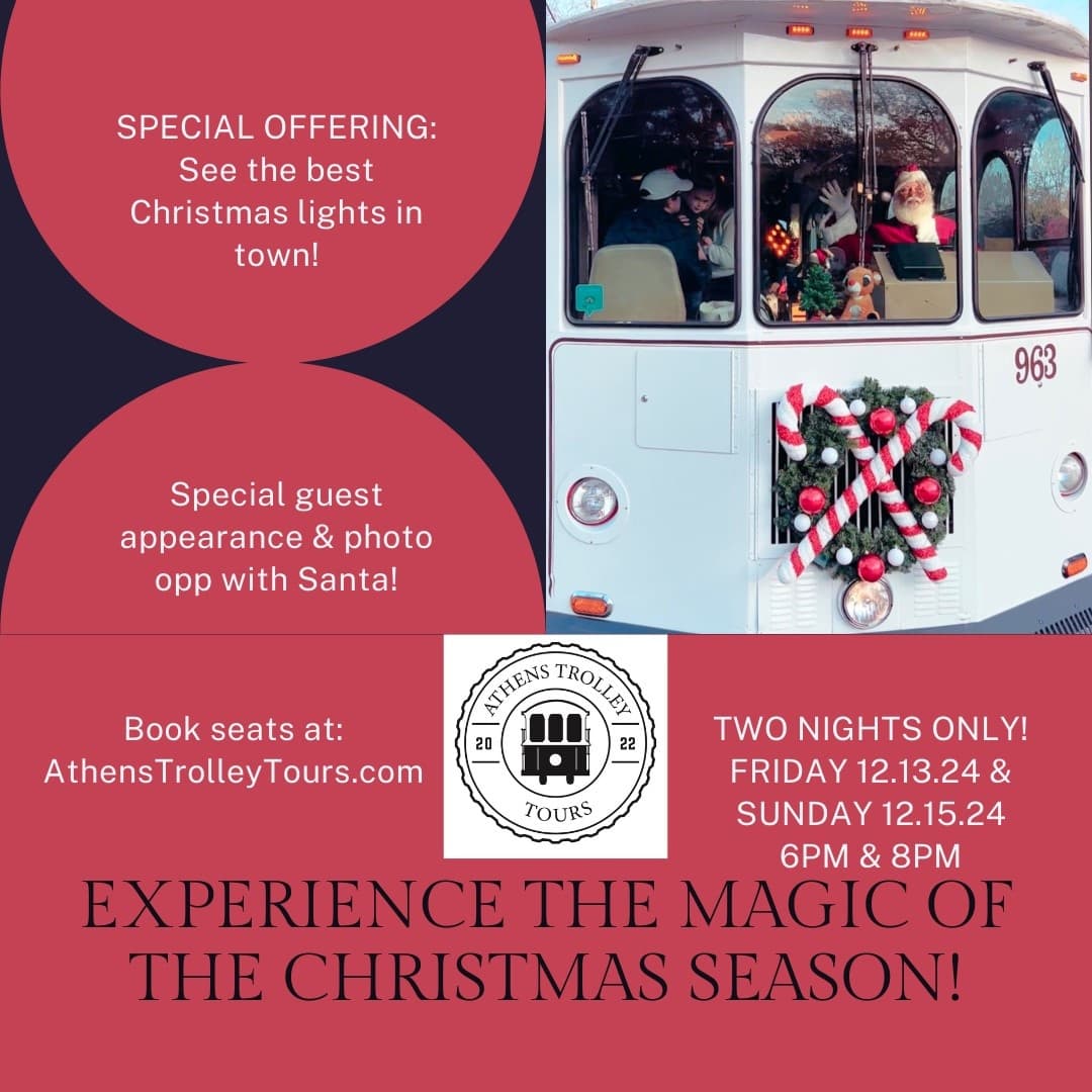 Holiday trolley tour bus decorated for Christmas in Athens