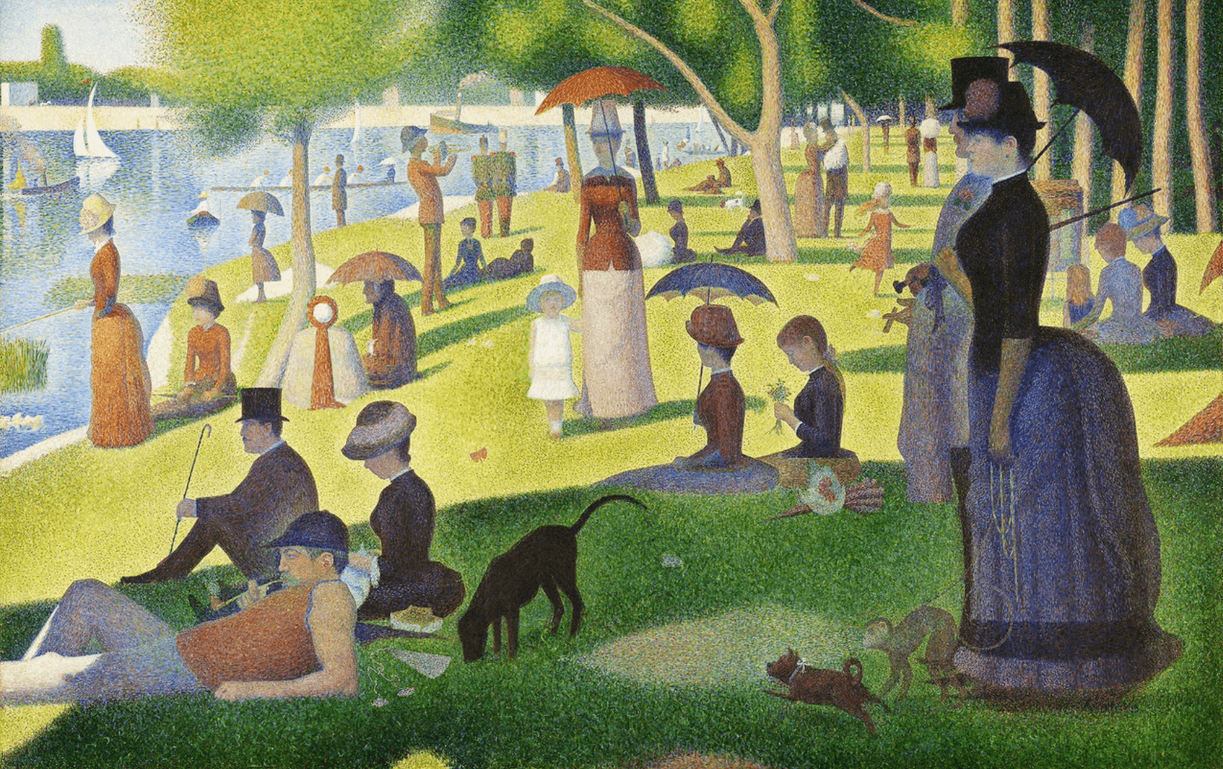 People picnicking and strolling in sunny riverside park scene