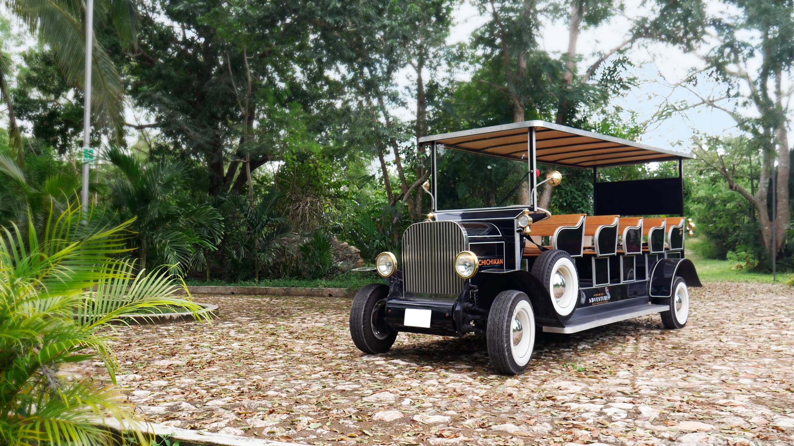 Open-air vintage tour vehicle parked in tropical jungle estate