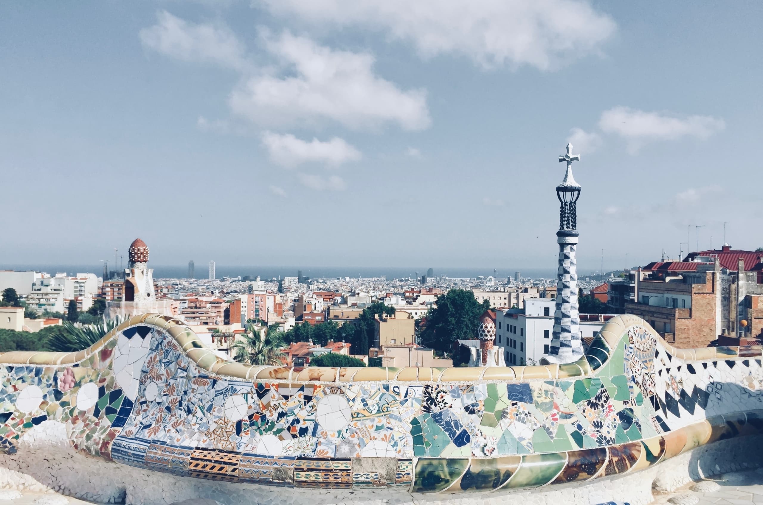Panoramic Park Guell mosaic terrace overlooking Barcelona
