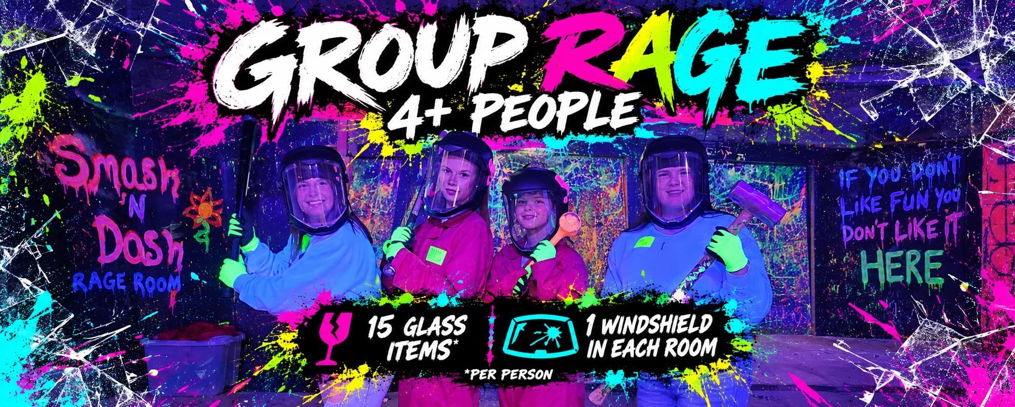 Horizontal promotional graphic for indoor smash and paint rage experience