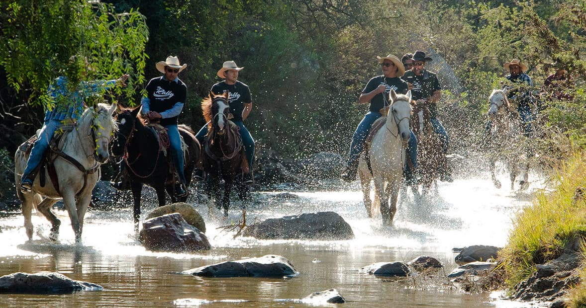 Cowboys horseback riding through river splashes in rugged canyon