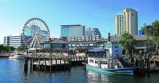 Waterfront ferris wheel and pier at urban waterside harbor