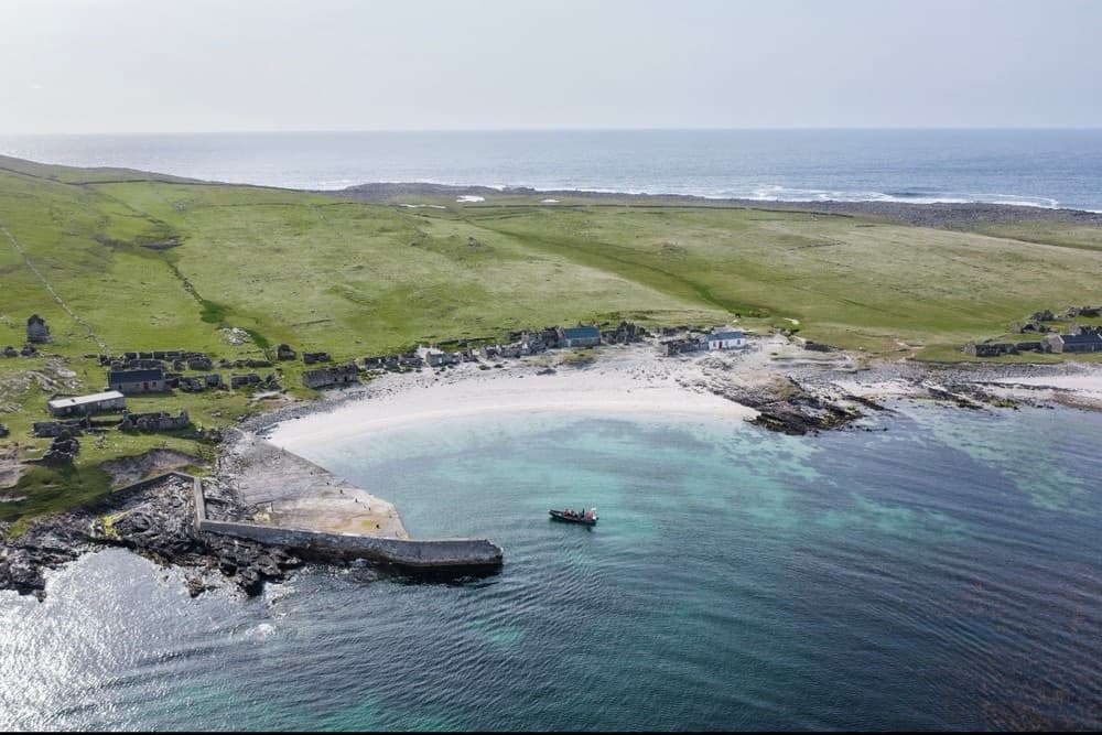 Aerial coastal landscape and beach at Blacksod Peninsula, Ireland