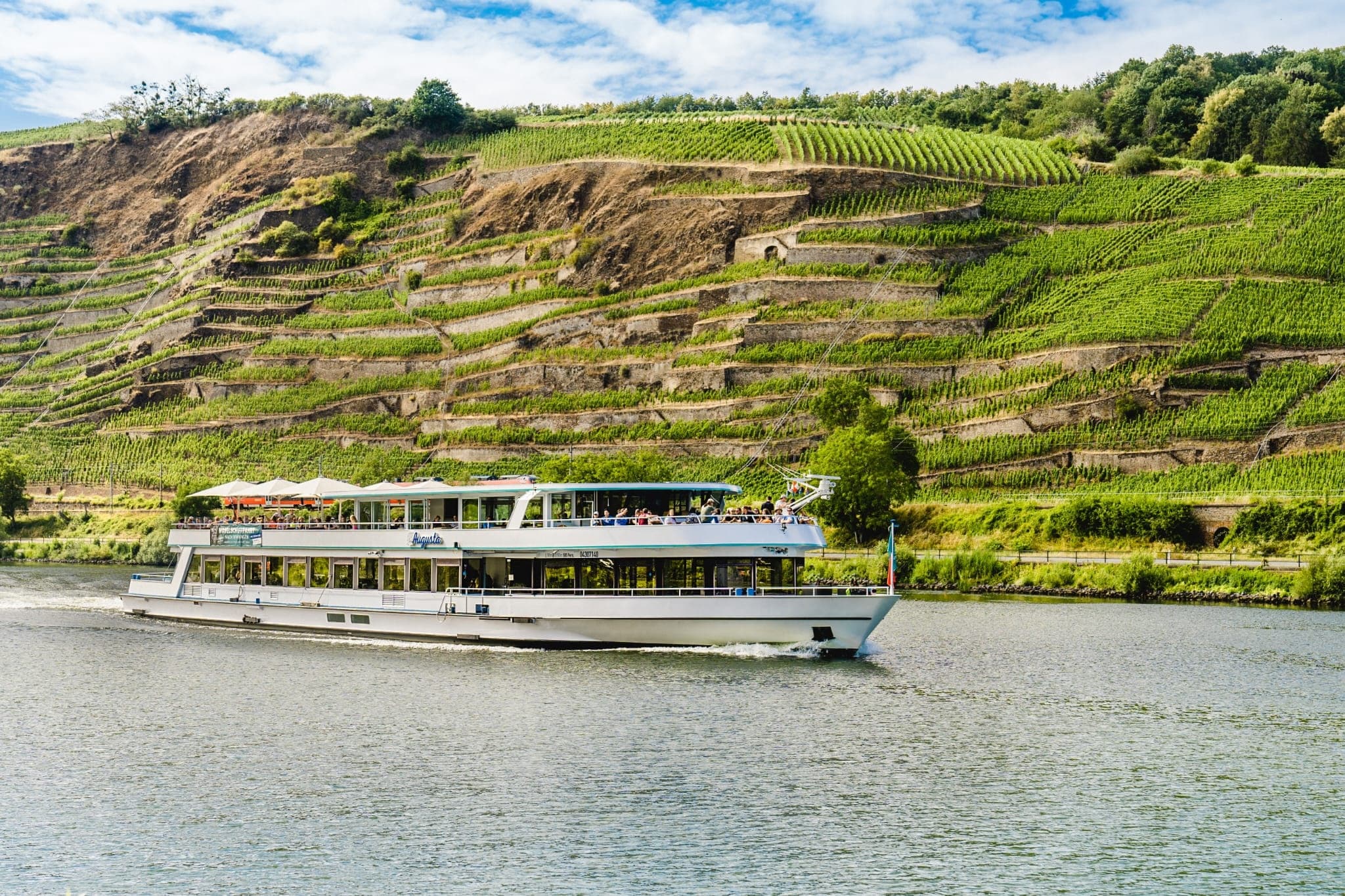 River cruise boat passing vineyard terraces on Rhine valley tour