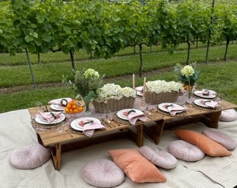 Vineyard low wooden picnic table with cushions set for al fresco meal