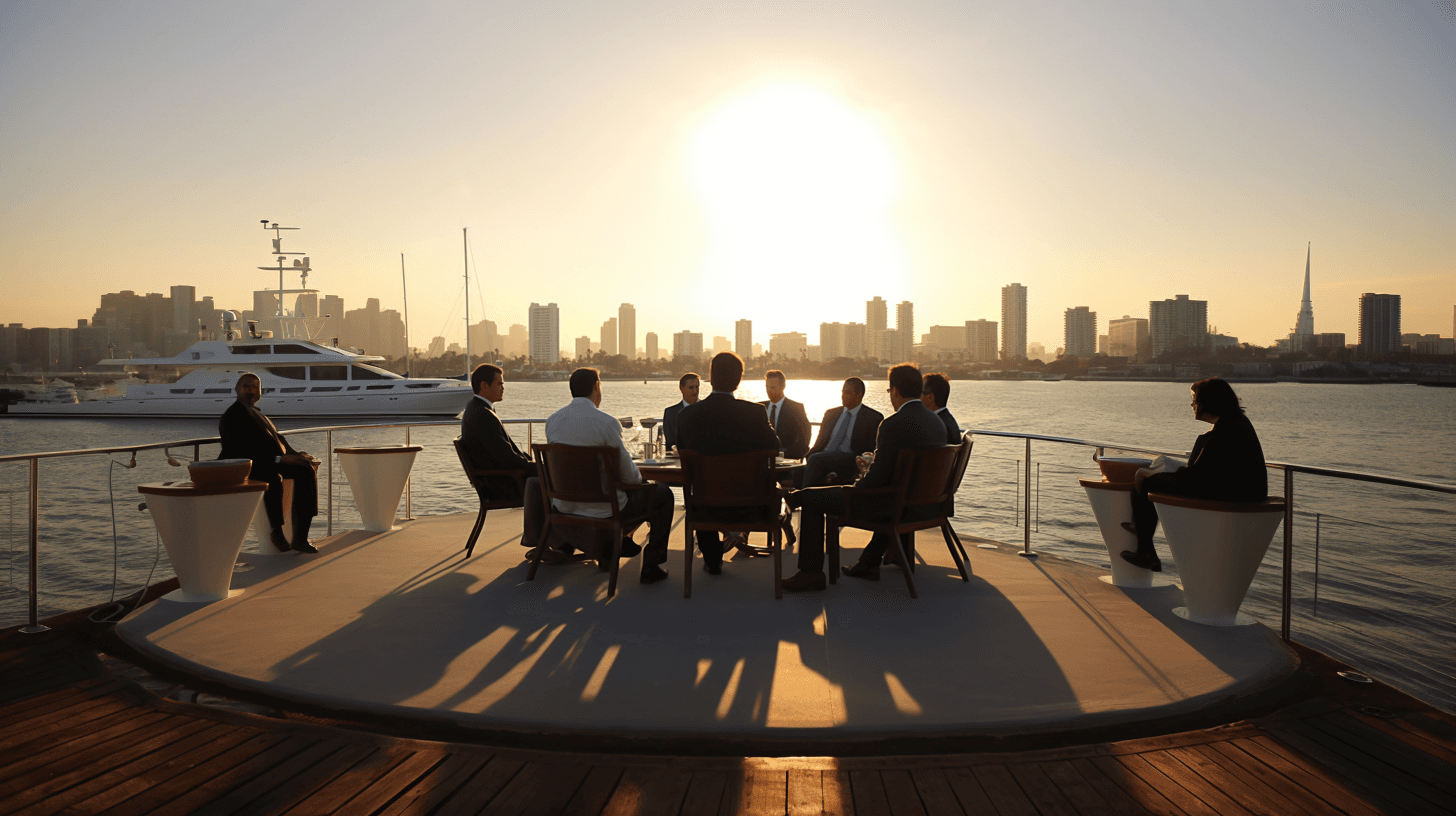 Group enjoying sunset yacht cruise with city skyline view