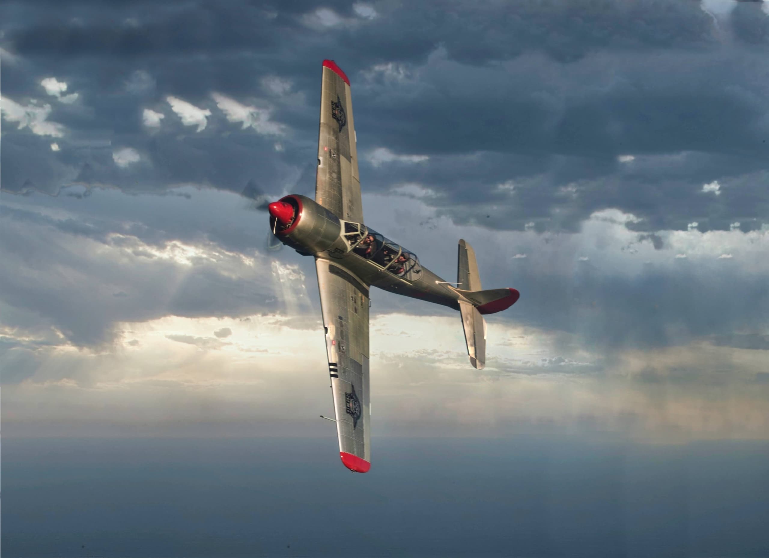 Single-engine vintage fighter performing aerobatics over ocean horizon
