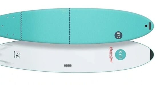 Turquoise surfboard top view on white background, product