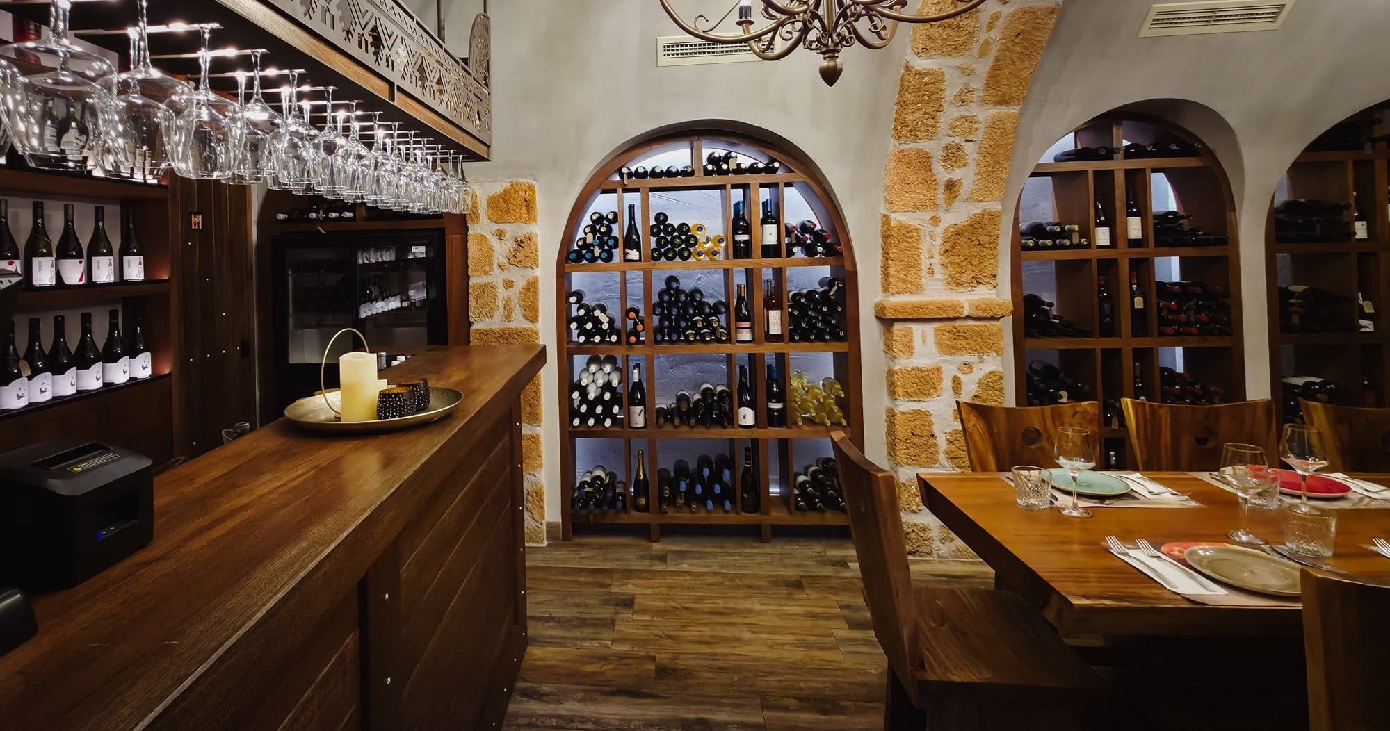 Cozy wine cellar interior with shelves and rustic wooden bar