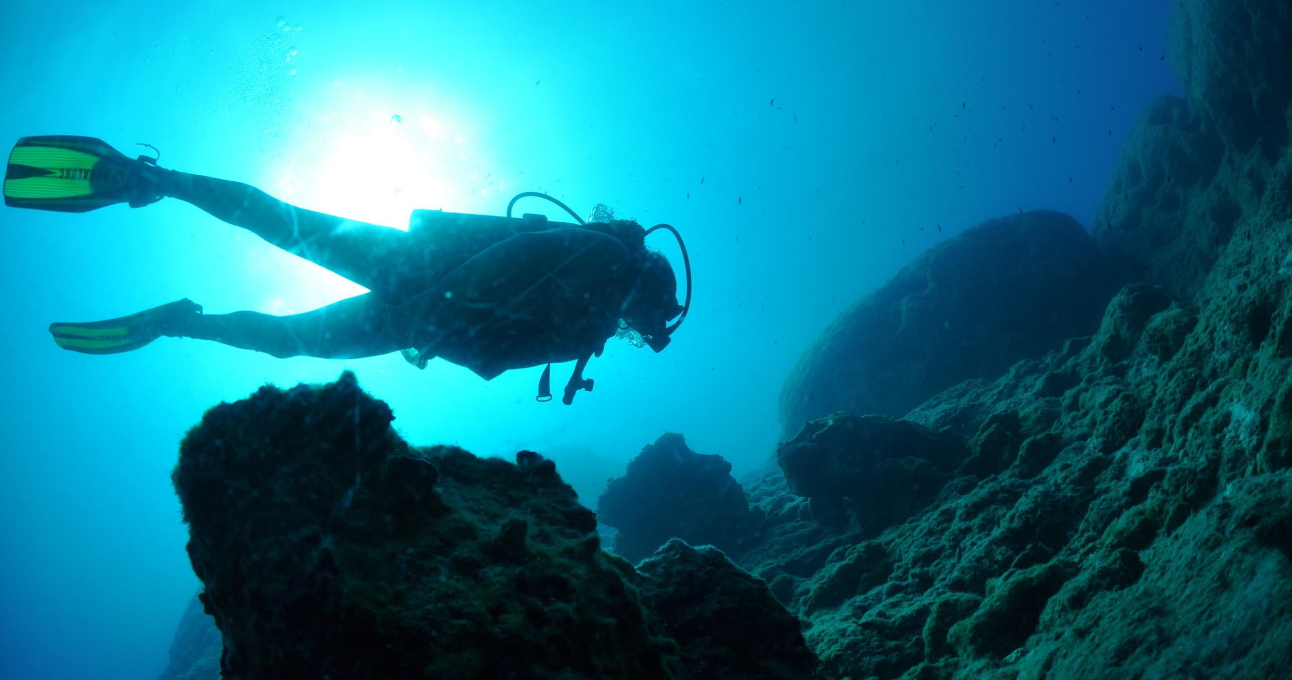 Scuba diver silhouetted above rocky reef with sunlit blue water