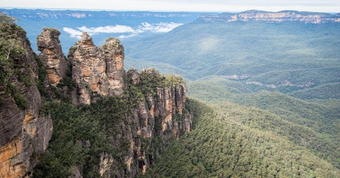 Three Sisters sandstone cliffs in Blue Mountains panoramic view