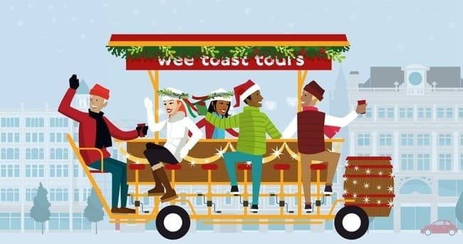 Winter pedal bar tour in Liverpool cityscape with passengers