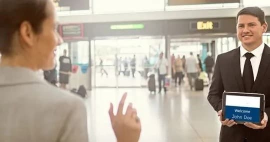 Airport meet-and-greet agent welcoming traveler at terminal