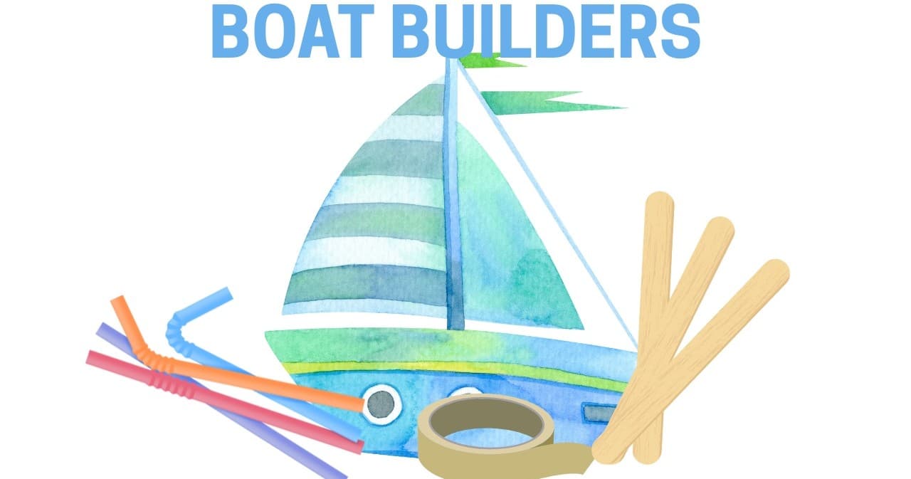Kids building toy sailboat craft for lakeside summer sailing